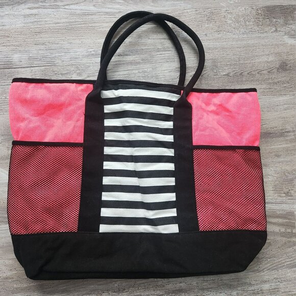 Victorias Secret Island Tote Bag Stud Pouch Beach Pink Black Stripe Travel 2016 - Picture 5 of 16